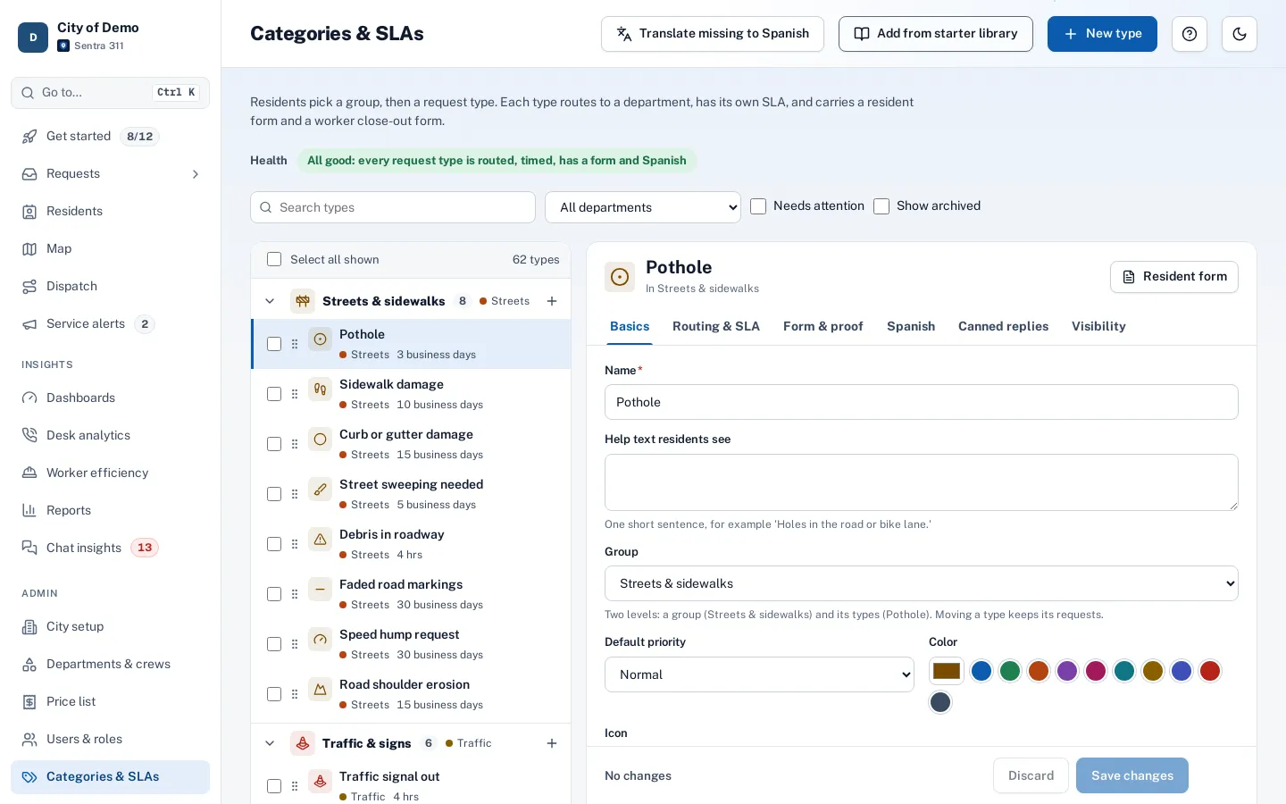 Admin categories and SLAs: request types with icons, departments and SLA times.