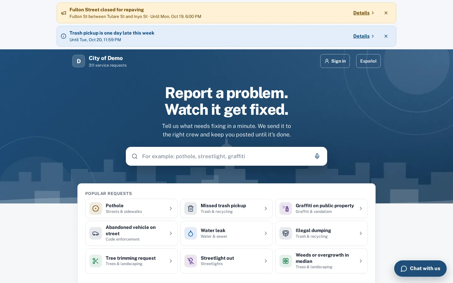 The public report page: a city banner with search and popular requests as tiles.